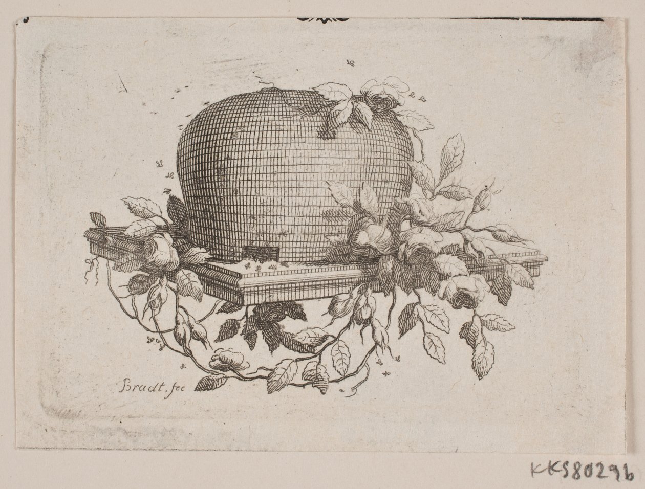 Uma placa com uma colméia, cercada com folhagem de rosas de J.F. Clemens