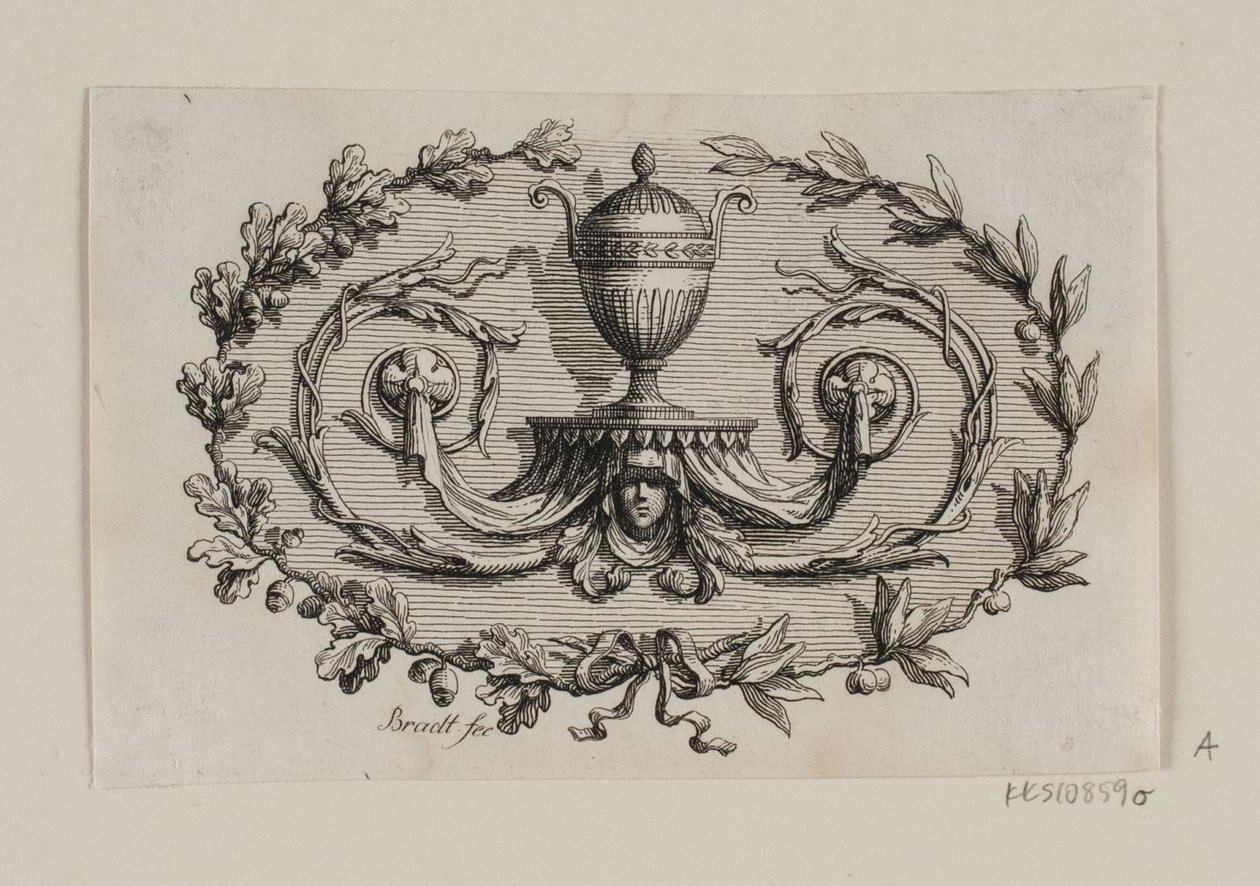 Um vaso de duas alças, cercado por pergaminhos de J.F. Clemens