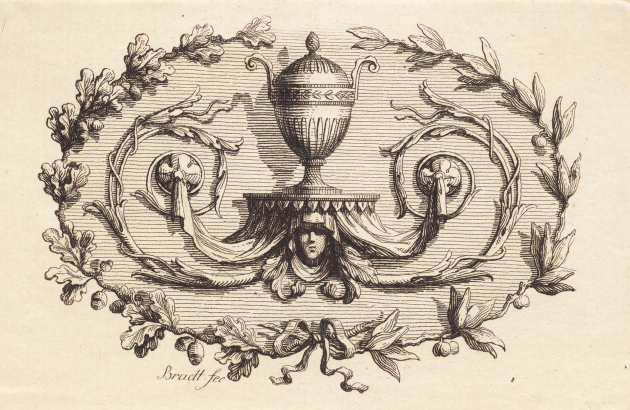 Um vaso de duas alças cercado por pergaminhos de J.F. Clemens
