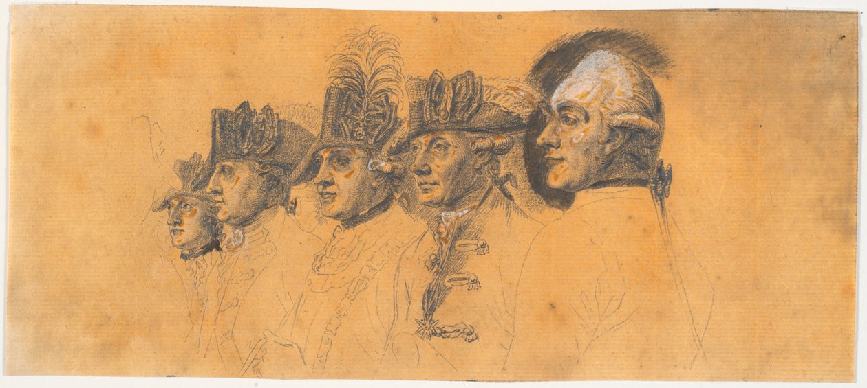 Preparação para cinco das cabeças para o stick: Frederik, o Grande, voltando para casa depois de uma revista em Potsdam de J.F. Clemens