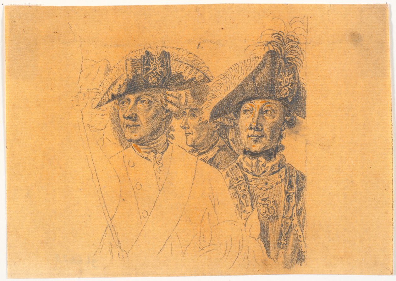 Preparação para quatro das cabeças para o stick: Frederik, o Grande, voltando para casa depois de uma revista em Potsdam de J.F. Clemens