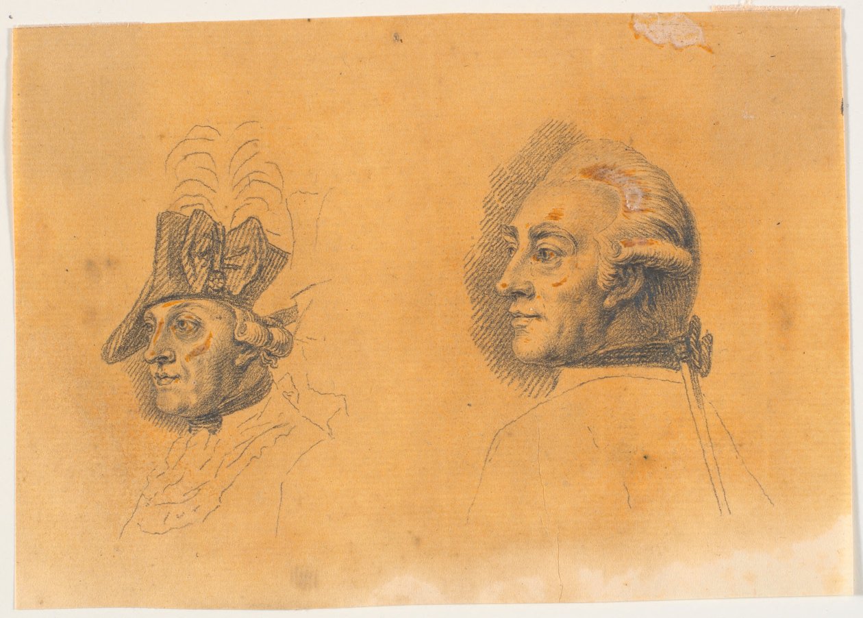 Preparação para duas das cabeças para o stick: Frederik, o Grande, voltando para casa depois de uma revista em Potsdam de J.F. Clemens