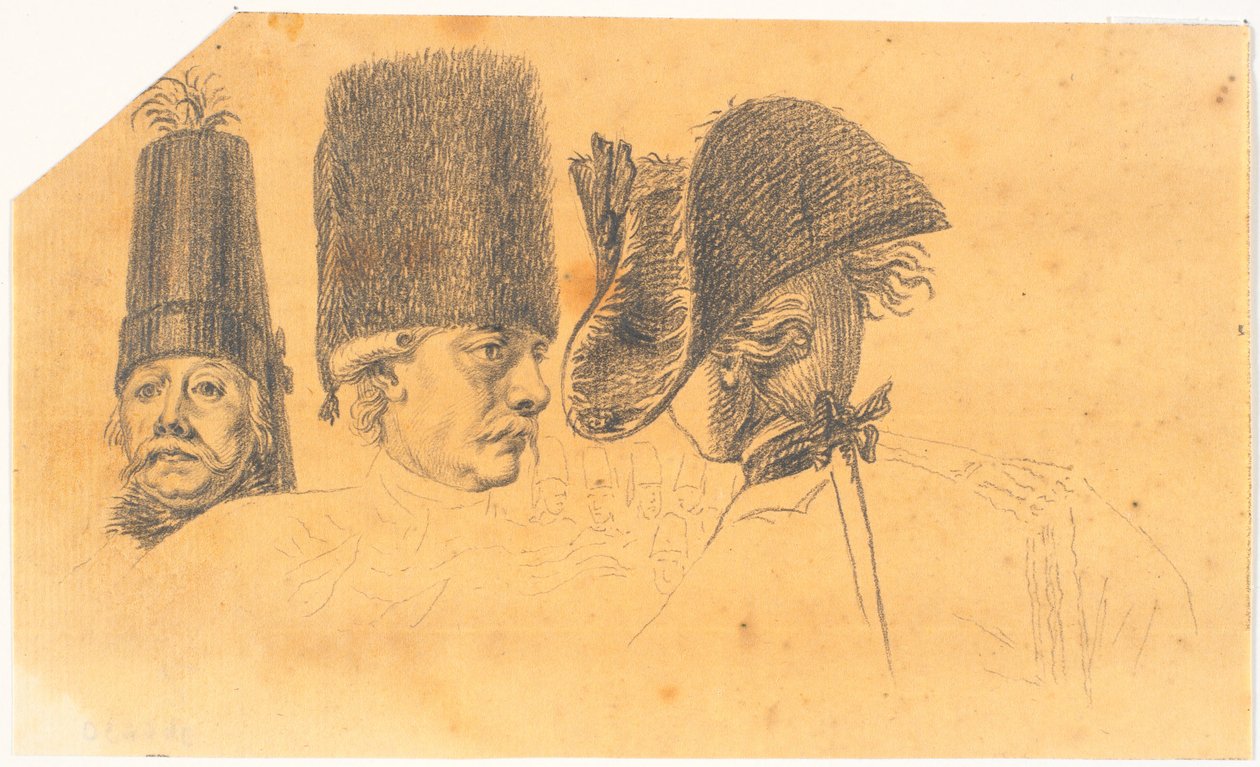 Preparação para três das cabeças para o stick: Frederik, o Grande, voltando para casa depois de uma revista em Potsdam de J.F. Clemens