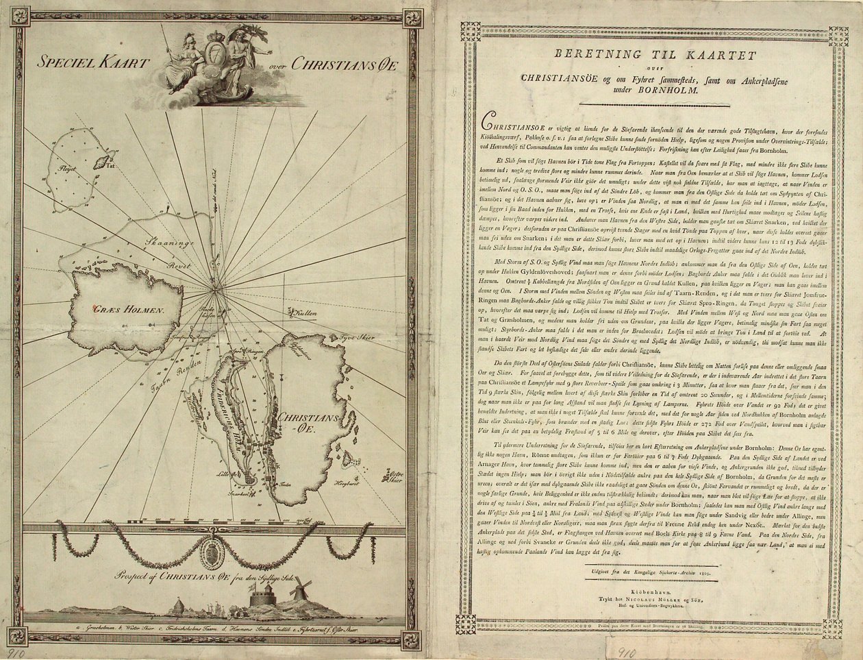 Mapa de Christiansø com a página de texto de J.F. Clemens