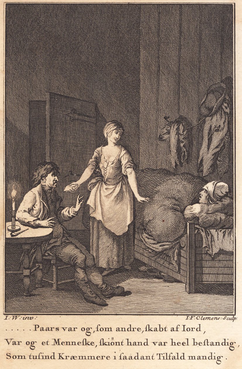 Marthe, a cozinheira, entra na sala de Peder Paars e Per Ruus de J.F. Clemens