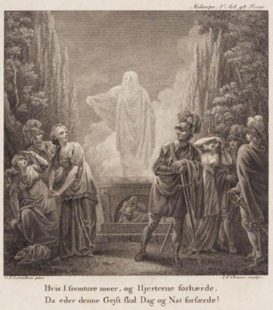 Melampe. Se você avançar mais e seu coração endurecer, quando esse espírito o aterrorizará dia e noite? Gravura após Llorentzens Holberg Galleri. de J.F. Clemens