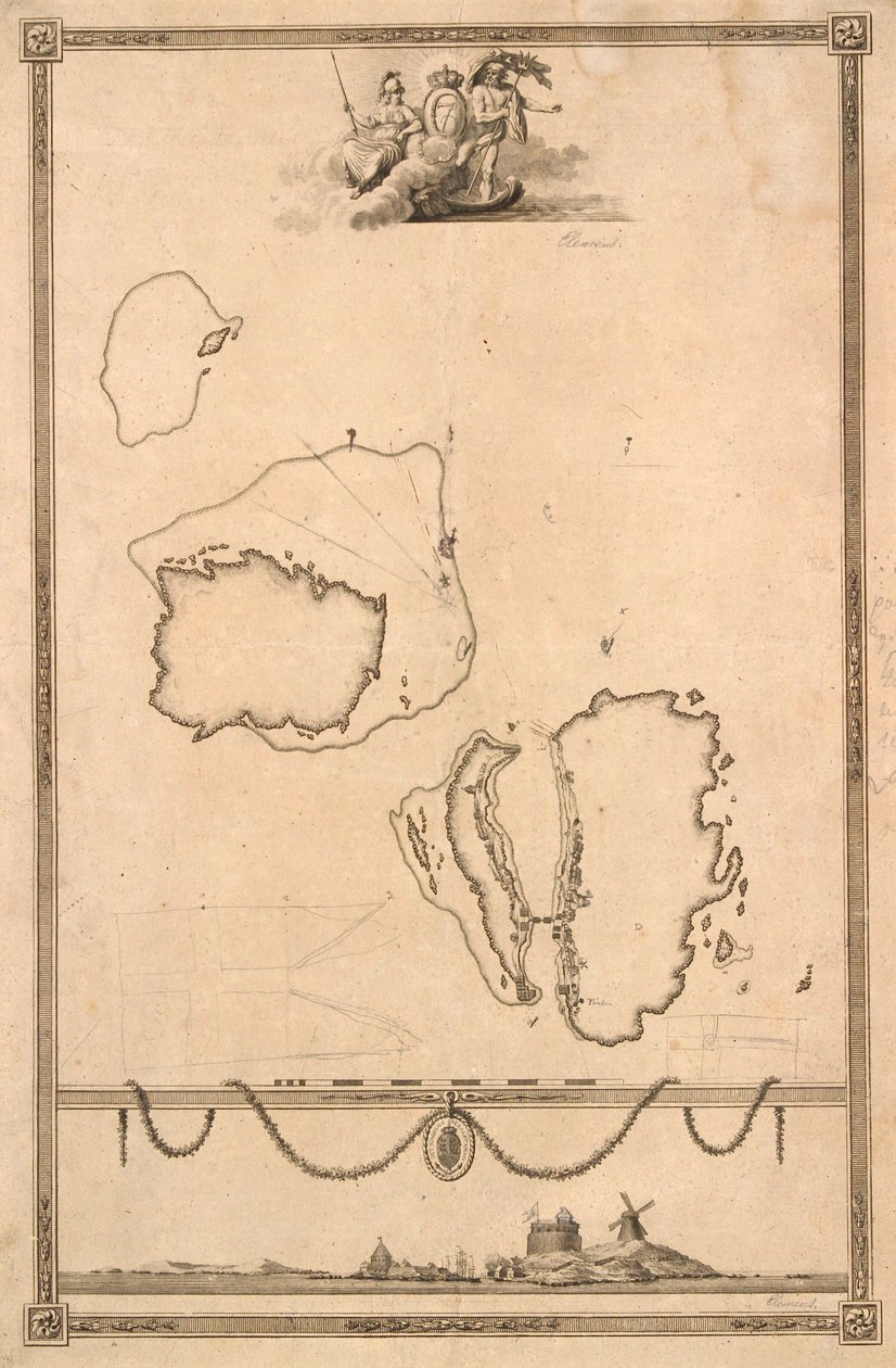 Título vinheta e prospecto para o mapa de Christiansø de J.F. Clemens