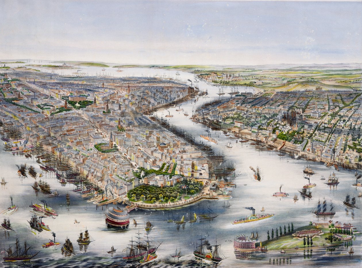 Visão panorâmica de Nova York e Brooklyn, impressa por I. Schaerer de J.H. Lochner