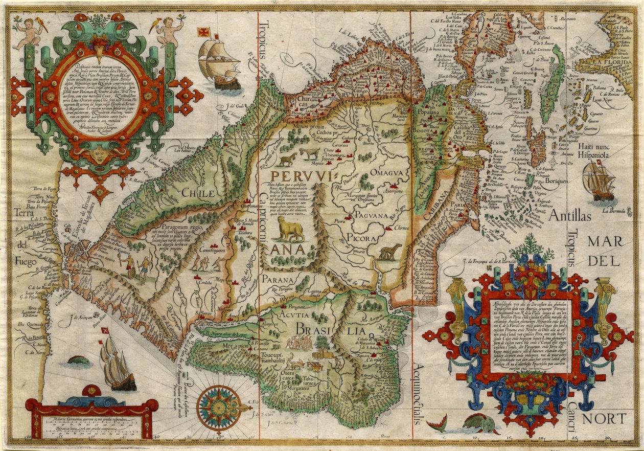 Delineatio omnium orarum totius Australis parties Americae..., c.1596 (gravura em cobre colorida à mão) de J.H. & van Langren A.F. (1571-1644) Linschoten