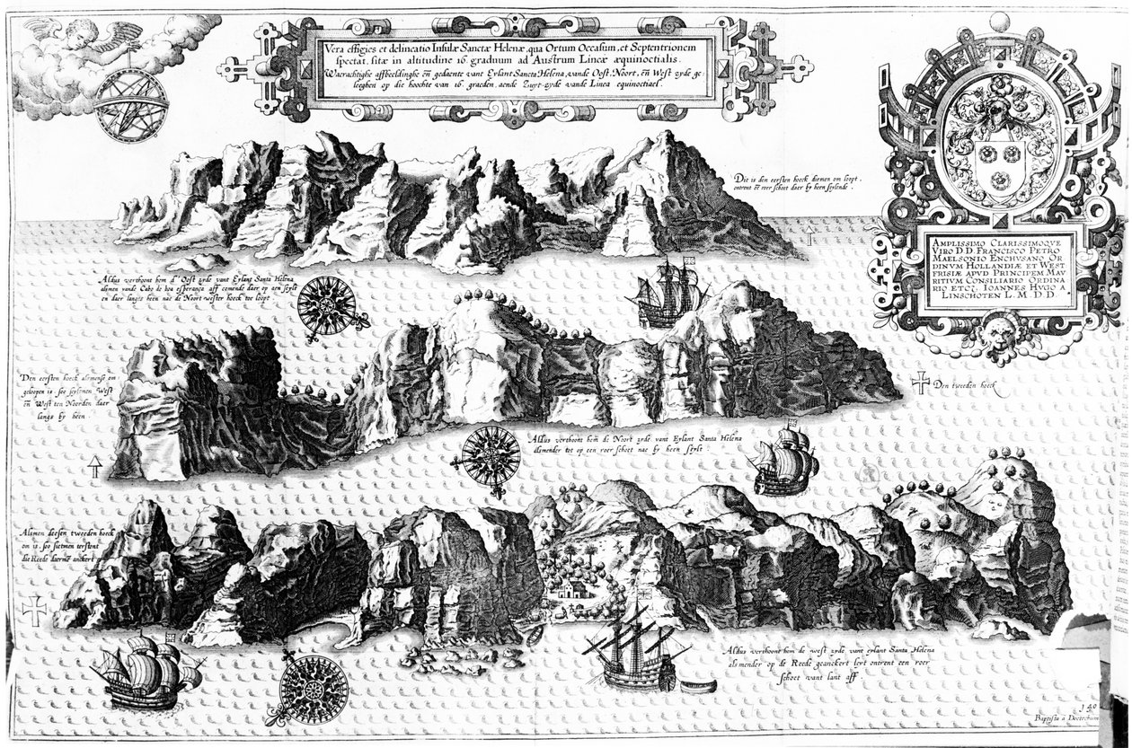 A ilha de Santa Helena, ilustração de Linschotens Itinerario, 1596 de J.H. van Linschoten