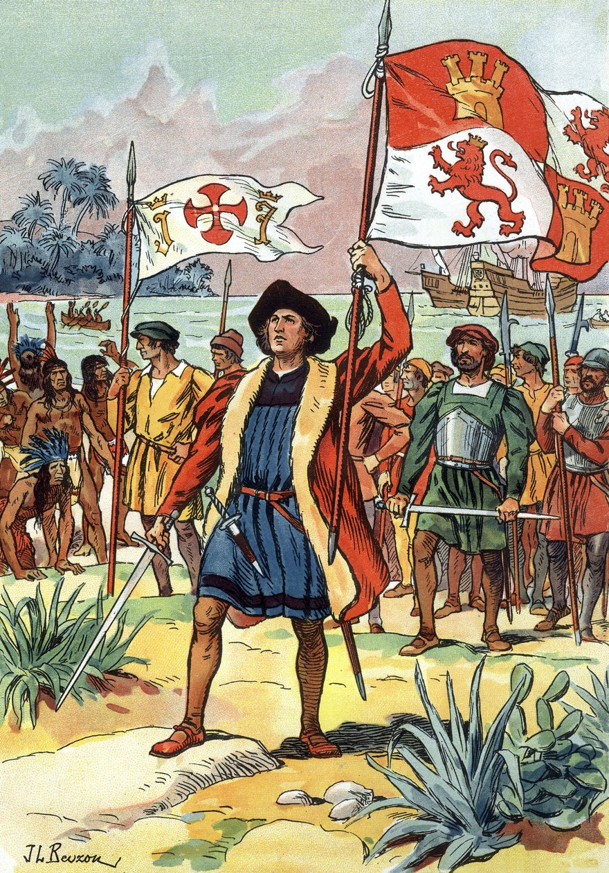 1492: Cristóvão Colombo chega à América com a bandeira espanhola de J.L Beuzon (fl.1880 1940)