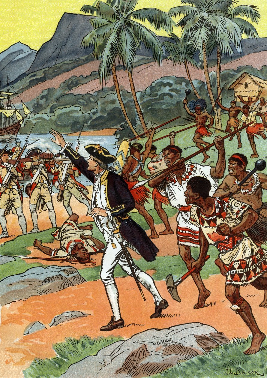 Morte de James Cook assassinada por habitantes locais no Havai de J.L Beuzon (fl.1880 1940)
