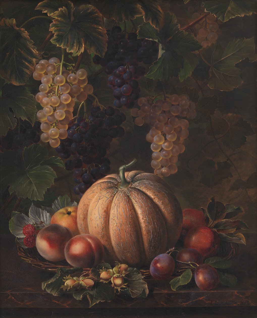 Várias frutas, incluindo melão e uvas de J.L. Jensen