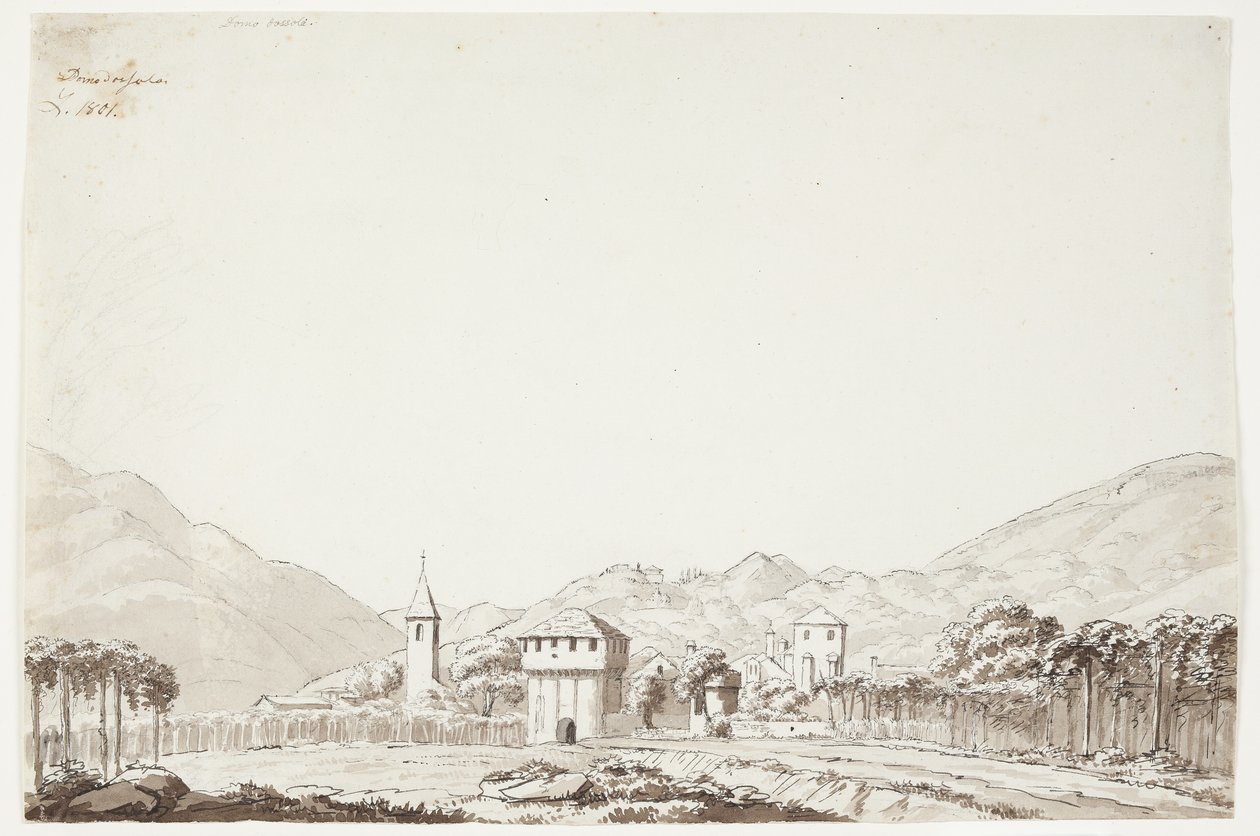 Paisagem de Domodossola na Suíça com igreja e torre de vigia de J.L. Lund