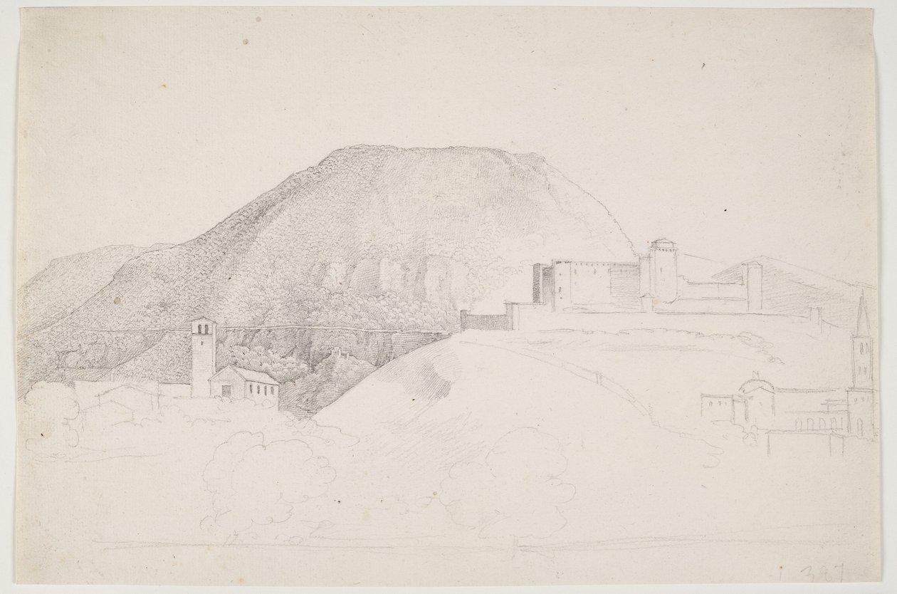Estudo de paisagem com montanha e edifícios. Spoleto, Itália de J.L. Lund