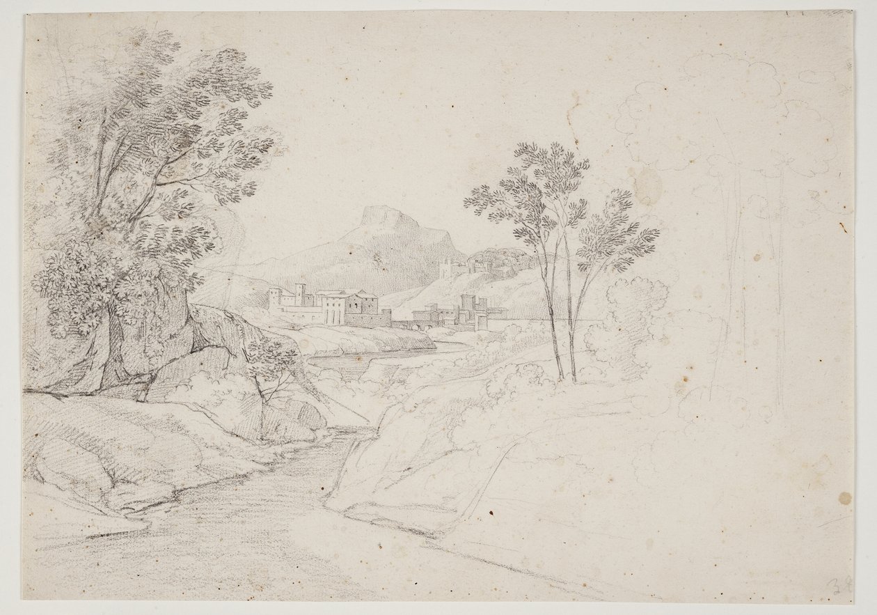 Estudo paisagístico com edifícios junto a ribeiras. Itália de J.L. Lund