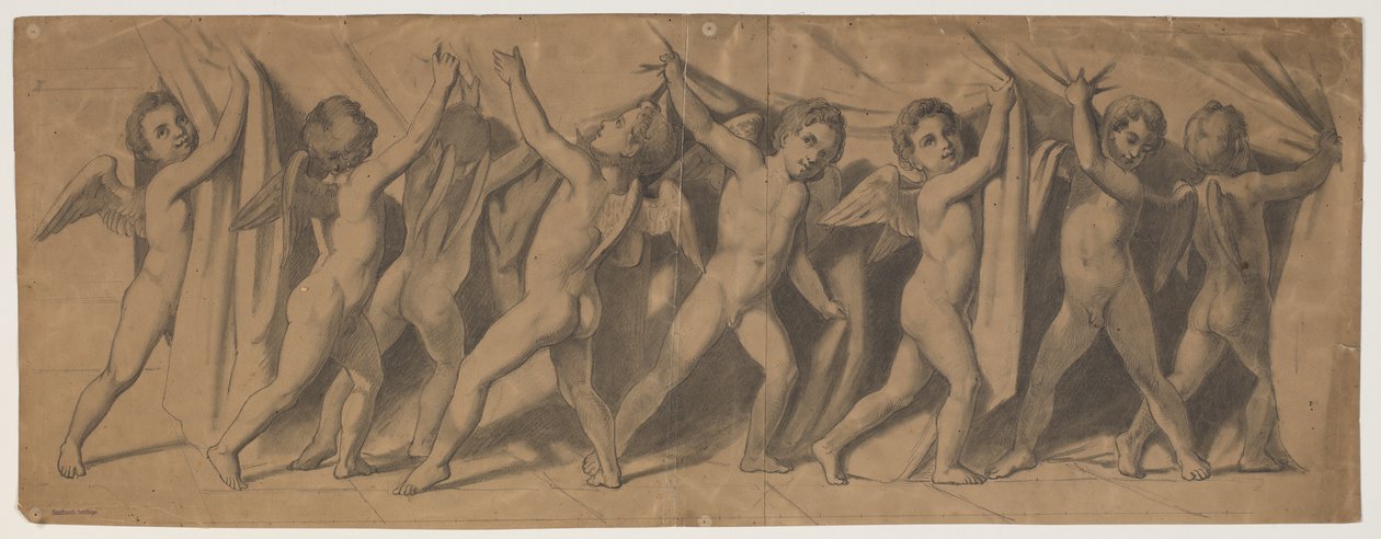 Calado do Kgl. Cortina de teatro; putti que puxa o tapete de lado de J.L. Lund