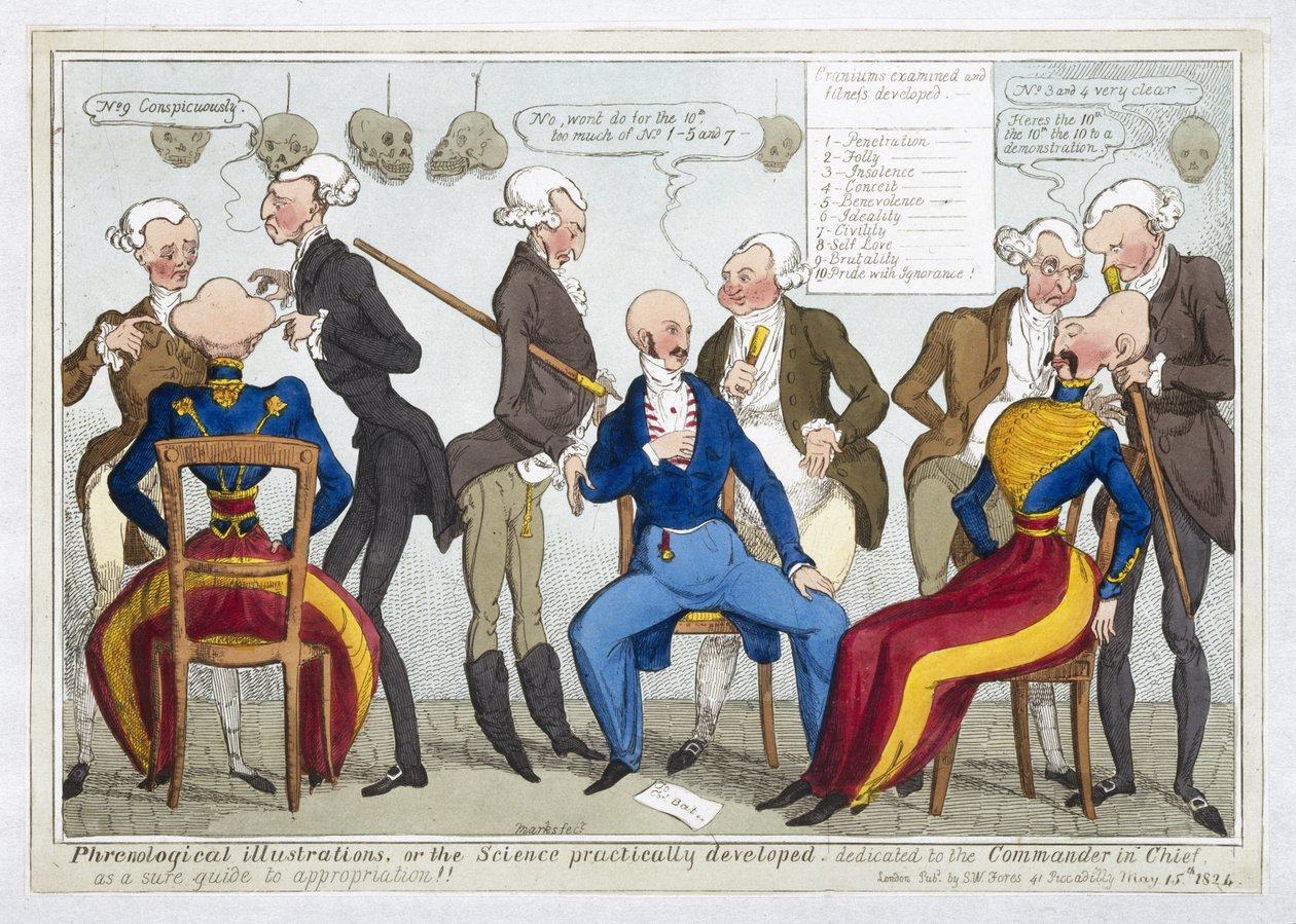 Ilustrações Frenológicas, ou a Ciência Praticamente Desenvolvida, 1824 (gravura colorida) de J.L. Marks