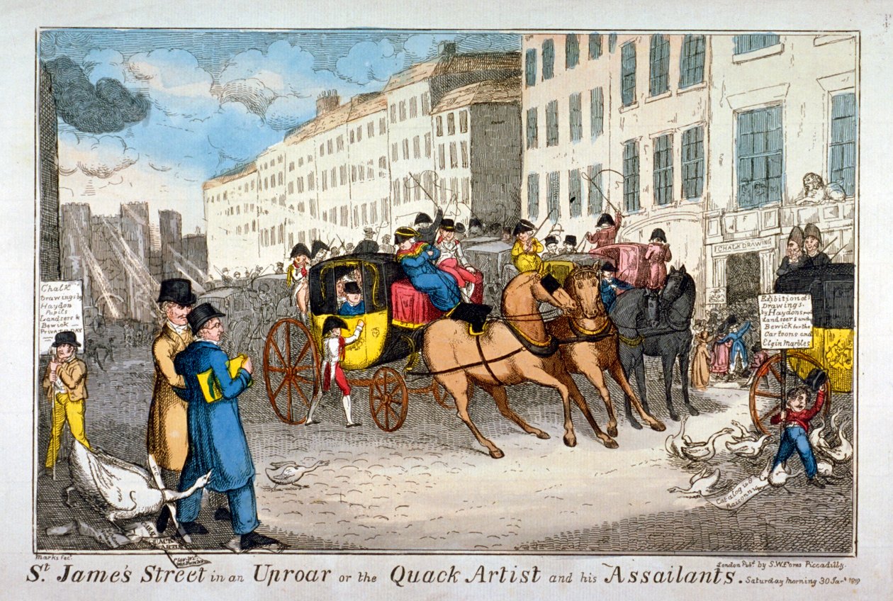 "St James Street in an uproar, or the quack artist and his assailants", 1819 de JL Marks