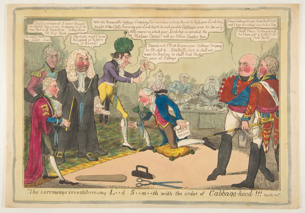 A Cerimônia de Investidura de My L**d S**m**th com a Ordem de Couve-hood, ca. junho de 1819. de JL Marks
