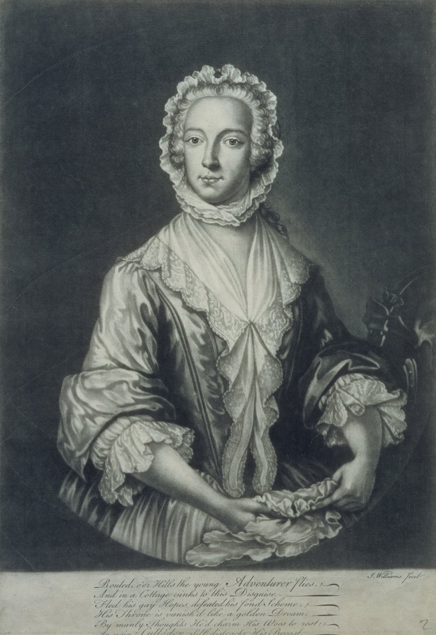 Príncipe Charles disfarçado de "Betty Burke" (gravura em mezzotint) de J.L. Williams