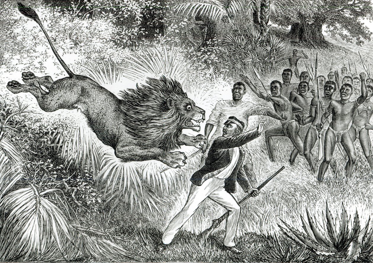 Livingstone atacado por um leão (foto bw) de J.M. Cobner