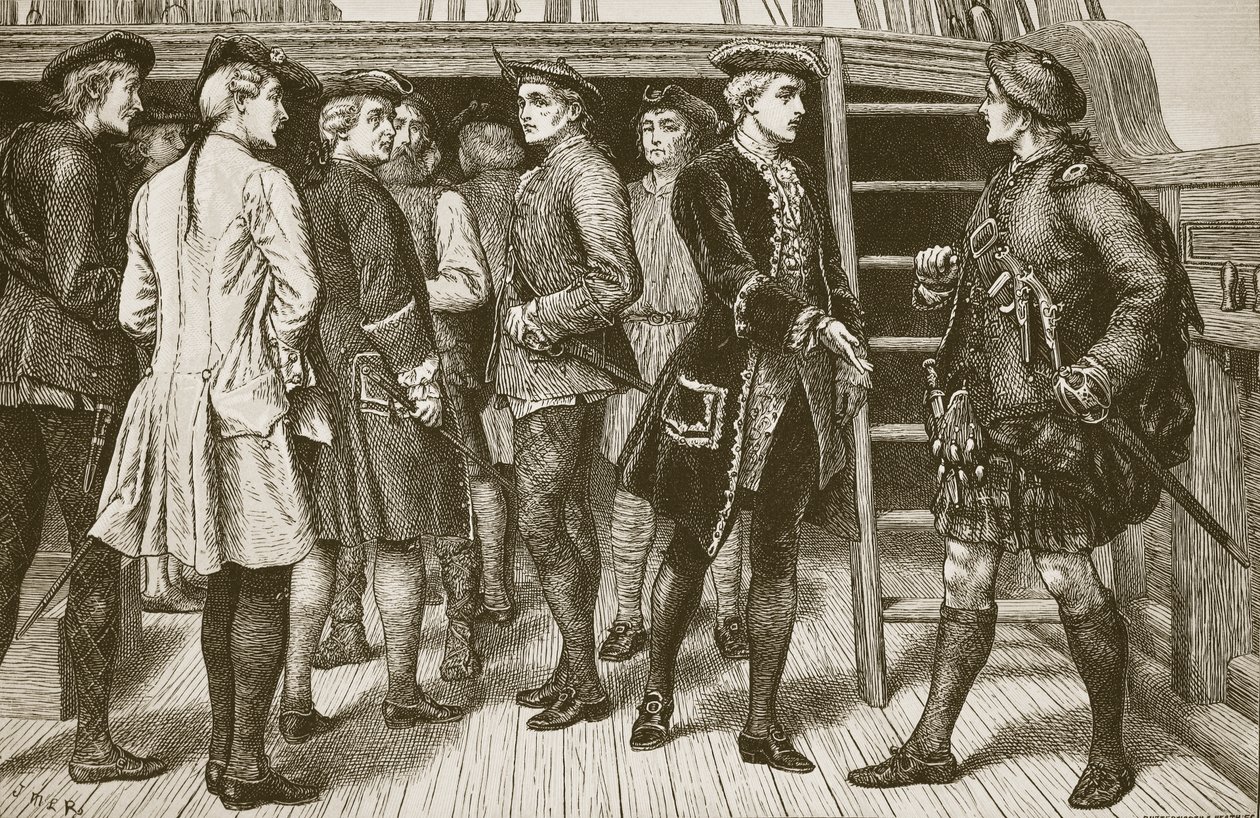 O jovem pretendente e os chefes das terras altas a bordo do &39;Doutelle&39; antes de seu desembarque na Escócia, gravado por Butterworth e Heath de J.M.L. Ralston