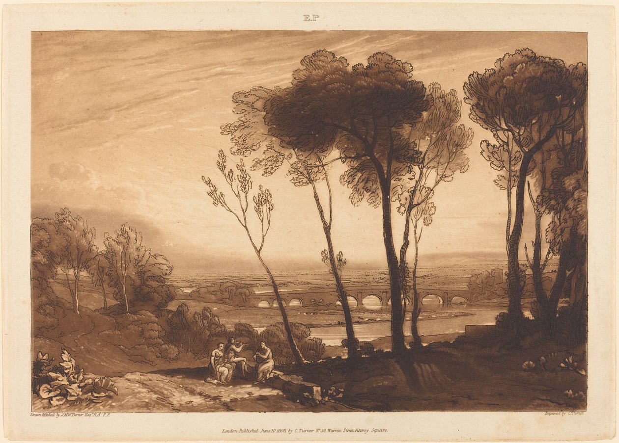The Bridge in Middle Distance, publicado em 1808. de Joseph Mallord William Turner