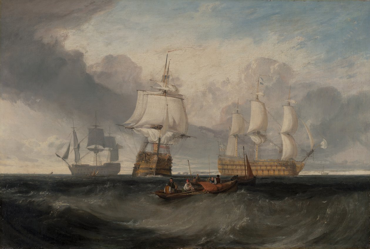 A Vitória a regressar de Trafalgar, em Três Posições, ca. 1806. de Joseph Mallord William Turner