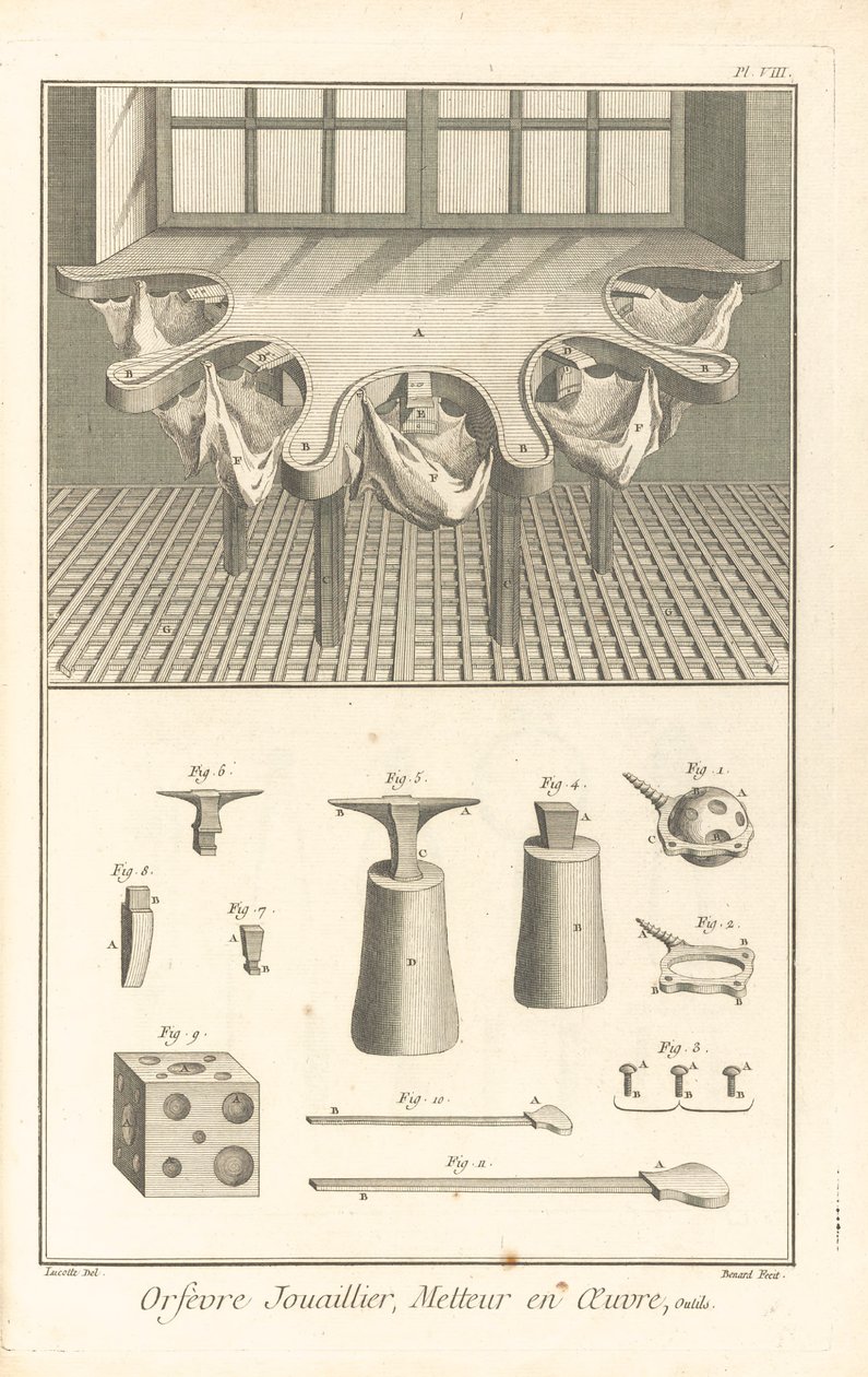 Orfevre-jouaillier, implementer, illustration from &39;Encyclopédie, ou, Dictionnaire raisonné des sciences, des arts et des métiers. Recolha de pratos &39;, c. 8. Primeira edição. gravada por Robert Bénard de J.R (after) Lucotte