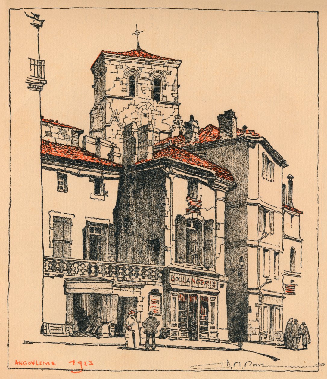 A Place du Murier, com a torre da Igreja de St Andre, em Angoulême, França, 1924 de JR Rowe