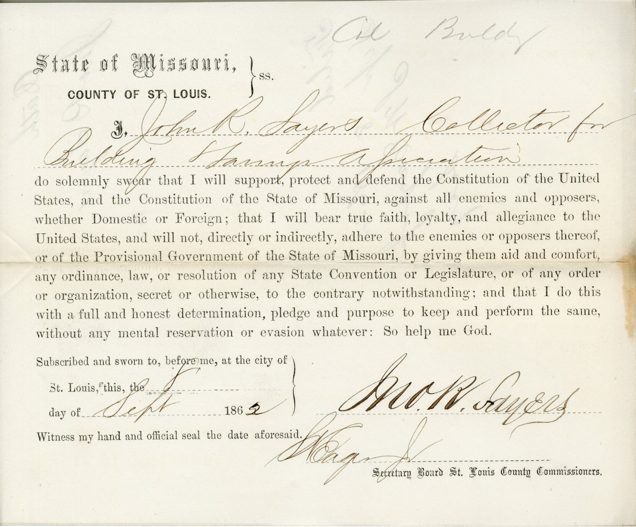 Juramento de lealdade de John R. Sayers do Missouri, Condado de St. Louis de J.R. Sayers