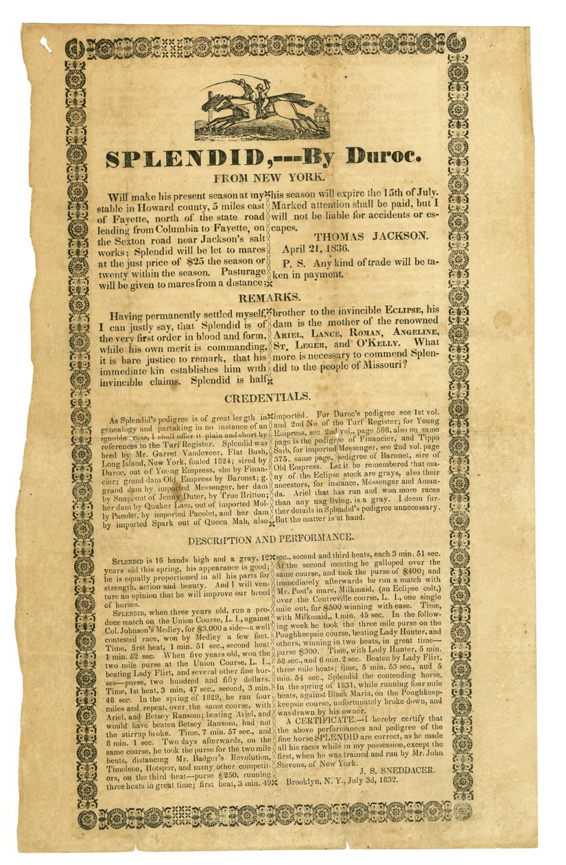 Certificado por Duroc, Brooklyn, NY, 3 de julho de 1832 de J.S. Sneddacer