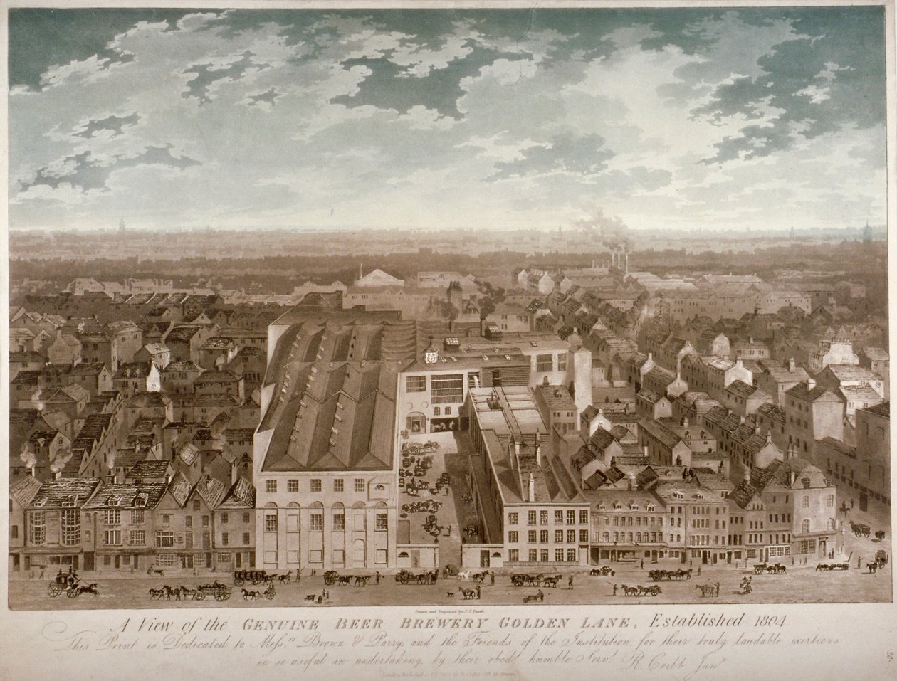 Vista aérea da Cervejaria Genuine Beer, Golden Lane, City of London, 1807 de JS Barth