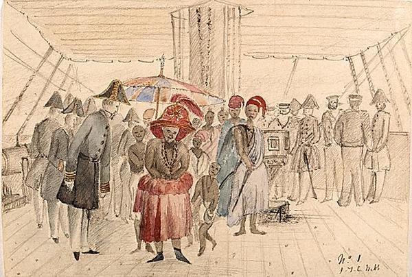 Chefes da África Ocidental a bordo de um Navio Naval, c.1850 (aguarela e lápis sobre papel) de J.T.C. Webb