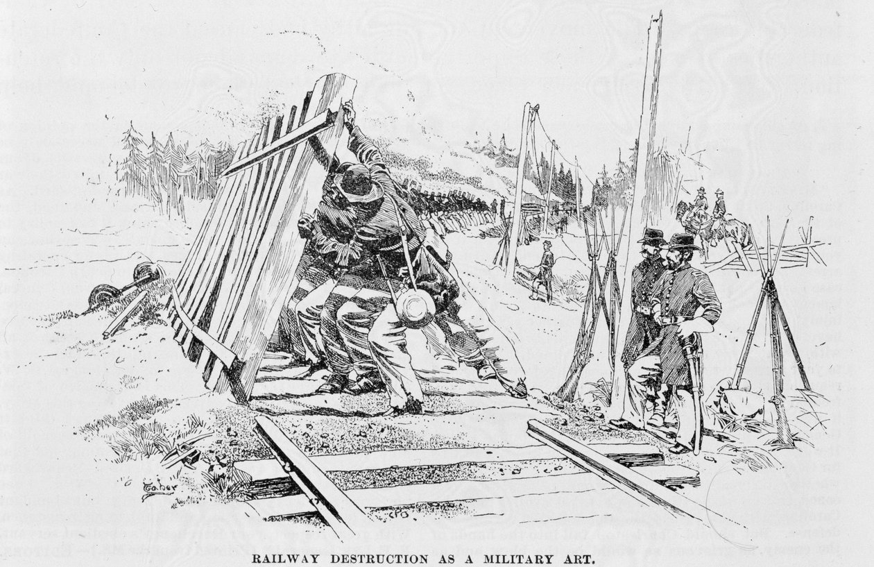 Destruição ferroviária como arte militar, ilustração de "Batalhas e Líderes da Guerra Civil", editada por Robert Underwood Johnson e Clarence Clough Buel rail; faixas; desmontagem; trabalhos de W. Taber