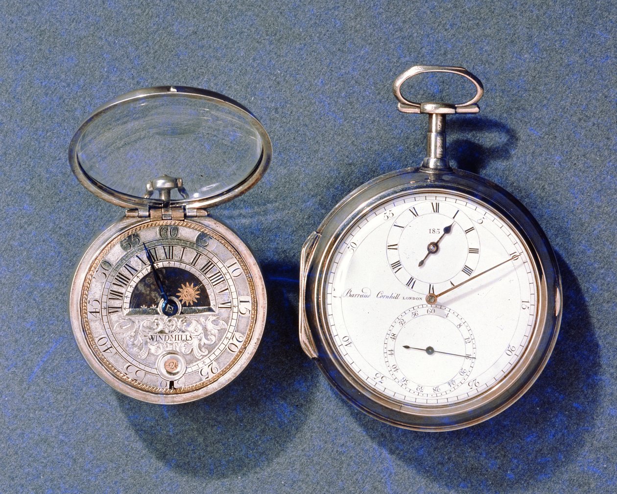 Relógios Sun e Moon, de J. Windmills (fl.1671-1723), c.1700; cronómetro de bolso, por Barraud, Londres, 1797 de J.Windmills and Barraud 1797