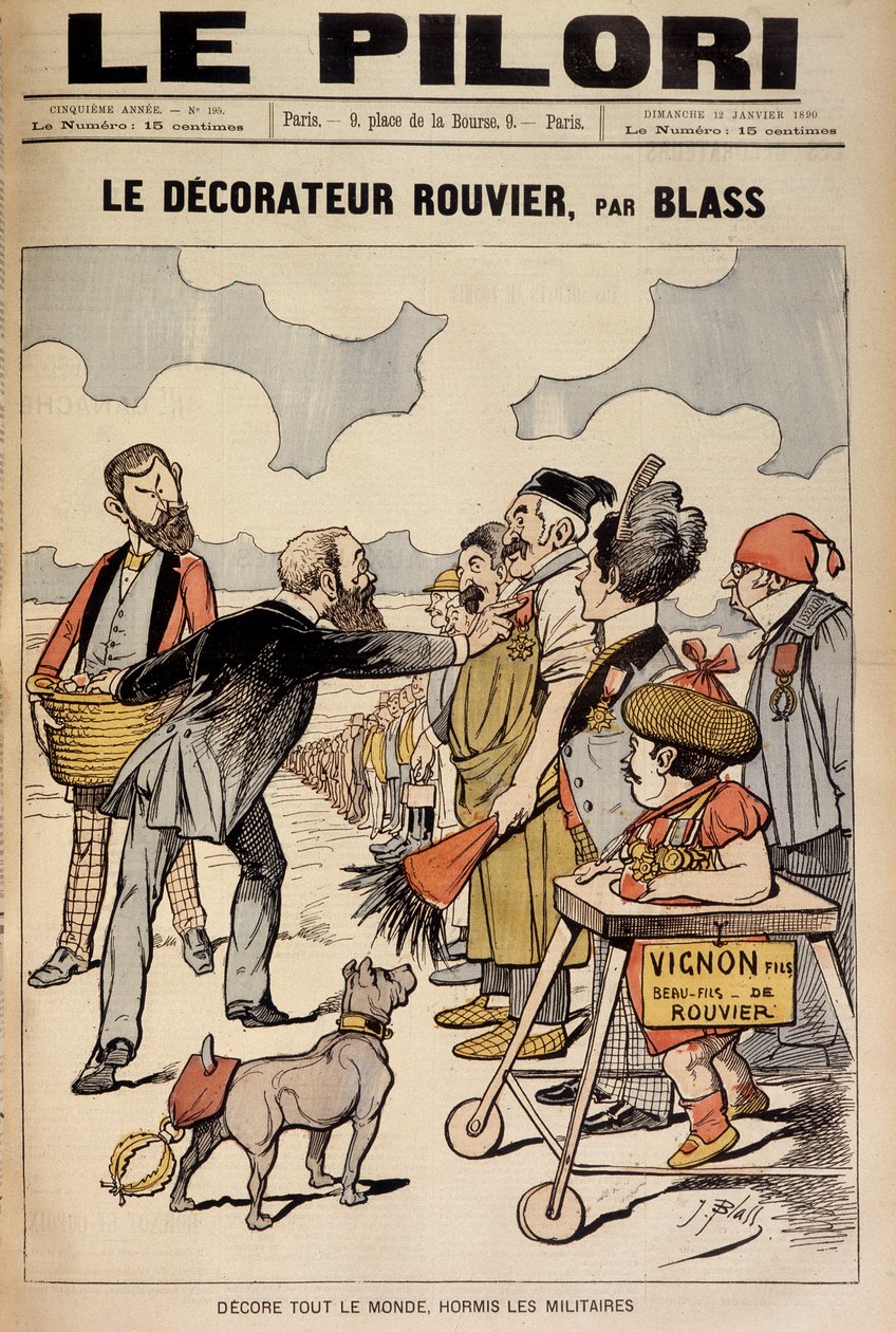 (Cartoon on the financial scandals of the end of the 19th century) "Le Decorateur Rouvier, by Blass": Decore todos excepto os militares" Maurice Rouvier (1842-1911) (caso wilson) - Ilustração de J. Blass