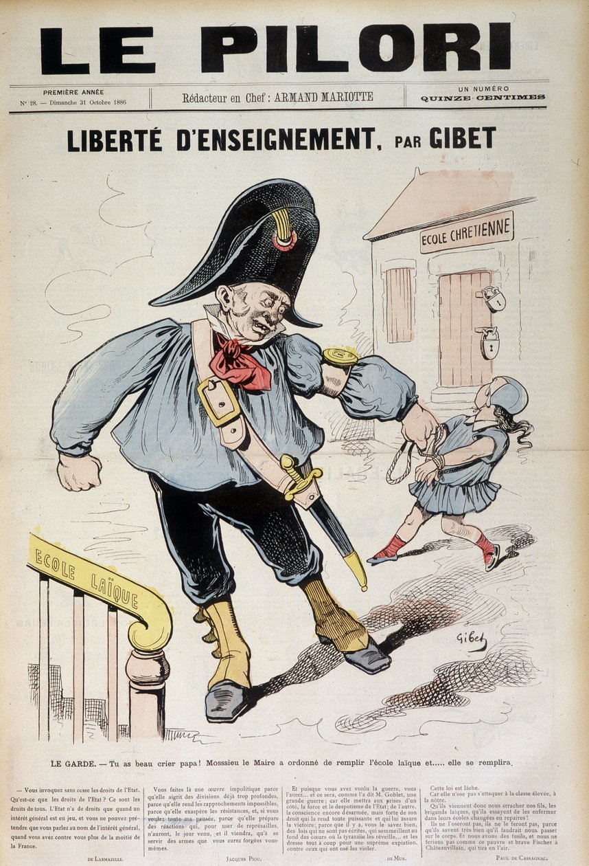 Liberdade de ensino por Gibet: A Guarda - Você pode gritar pai! O Prefeito mandou encher a Escola Laique e... será enchida (Caricatura na Escola Laique), capa do "Le Pilori" de 31 de outubro de J.  Blass
