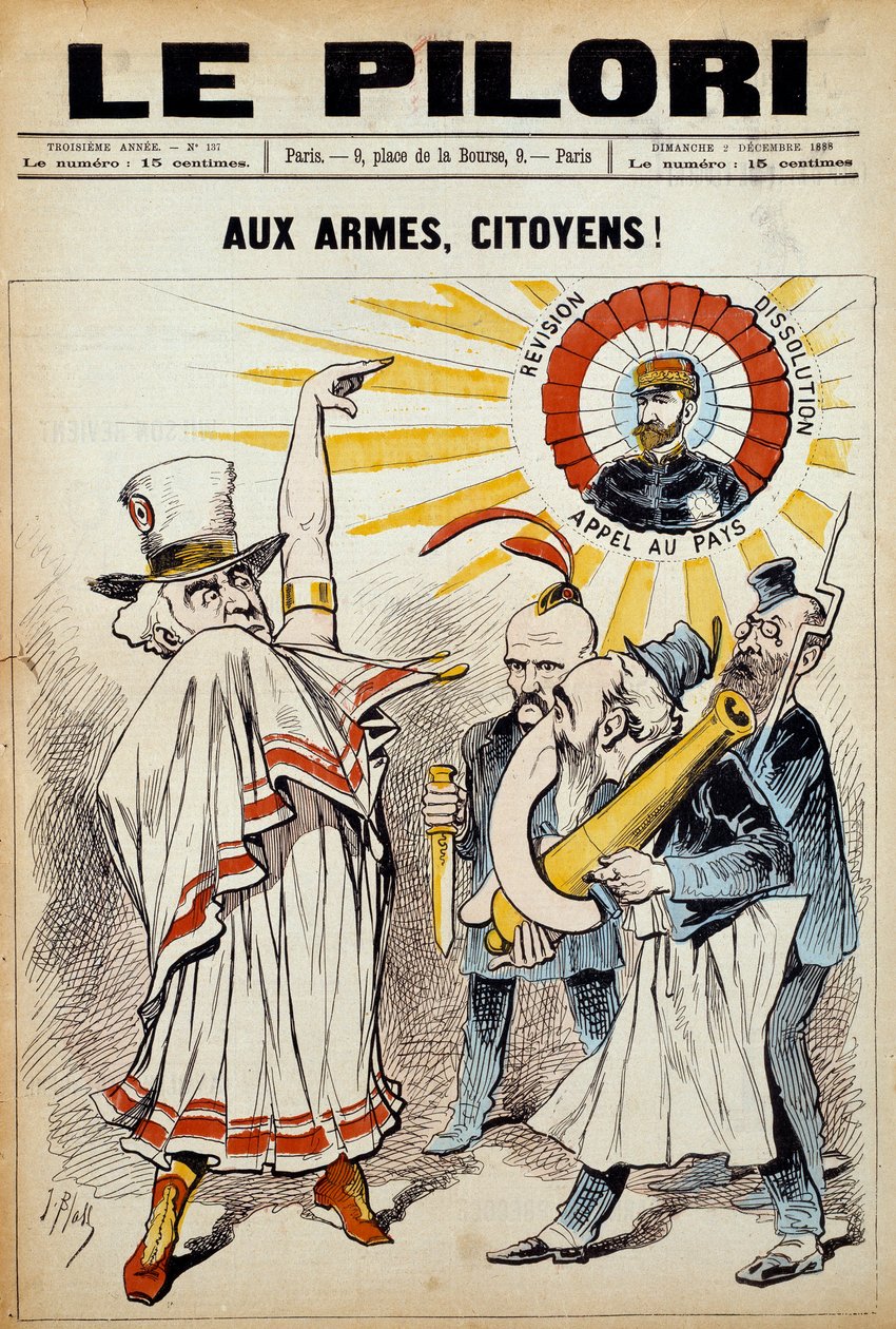 Um dos jornais "o pelourinho": "às armas dos cidadãos"! "a 2 de Dezembro de 1888, durante uma manifestação contra o General Boulanger. Ilustração de J. Blass