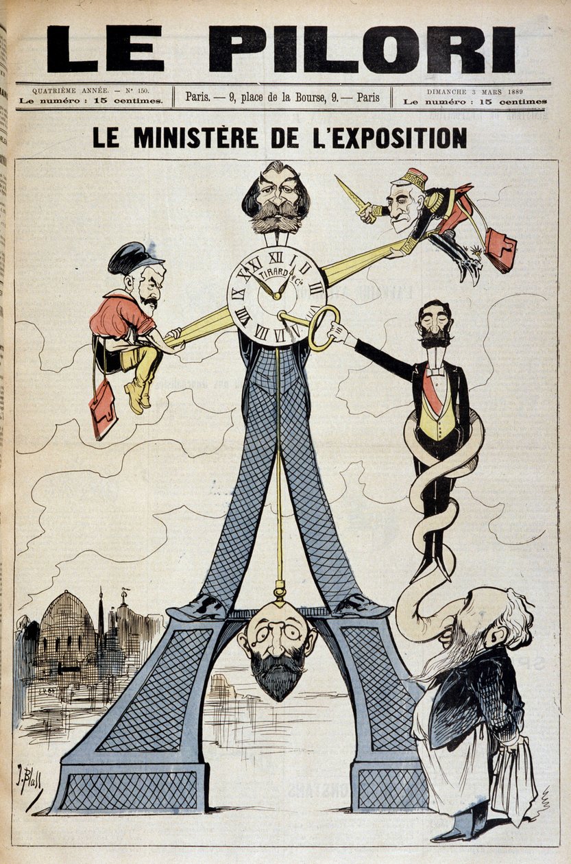 O Ministro da Exposição (cartoon sobre escândalos financeiros no final do século XIX e a Torre Eiffel). Ilustração de J. Blass