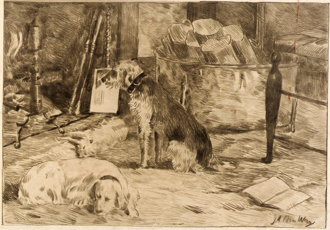 Cães na lareira n.º 1 de J. Alden Weir