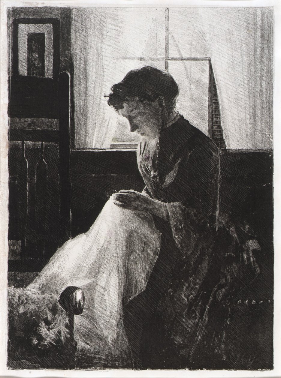 Retrato de perfil de uma mulher a coser de J. Alden Weir