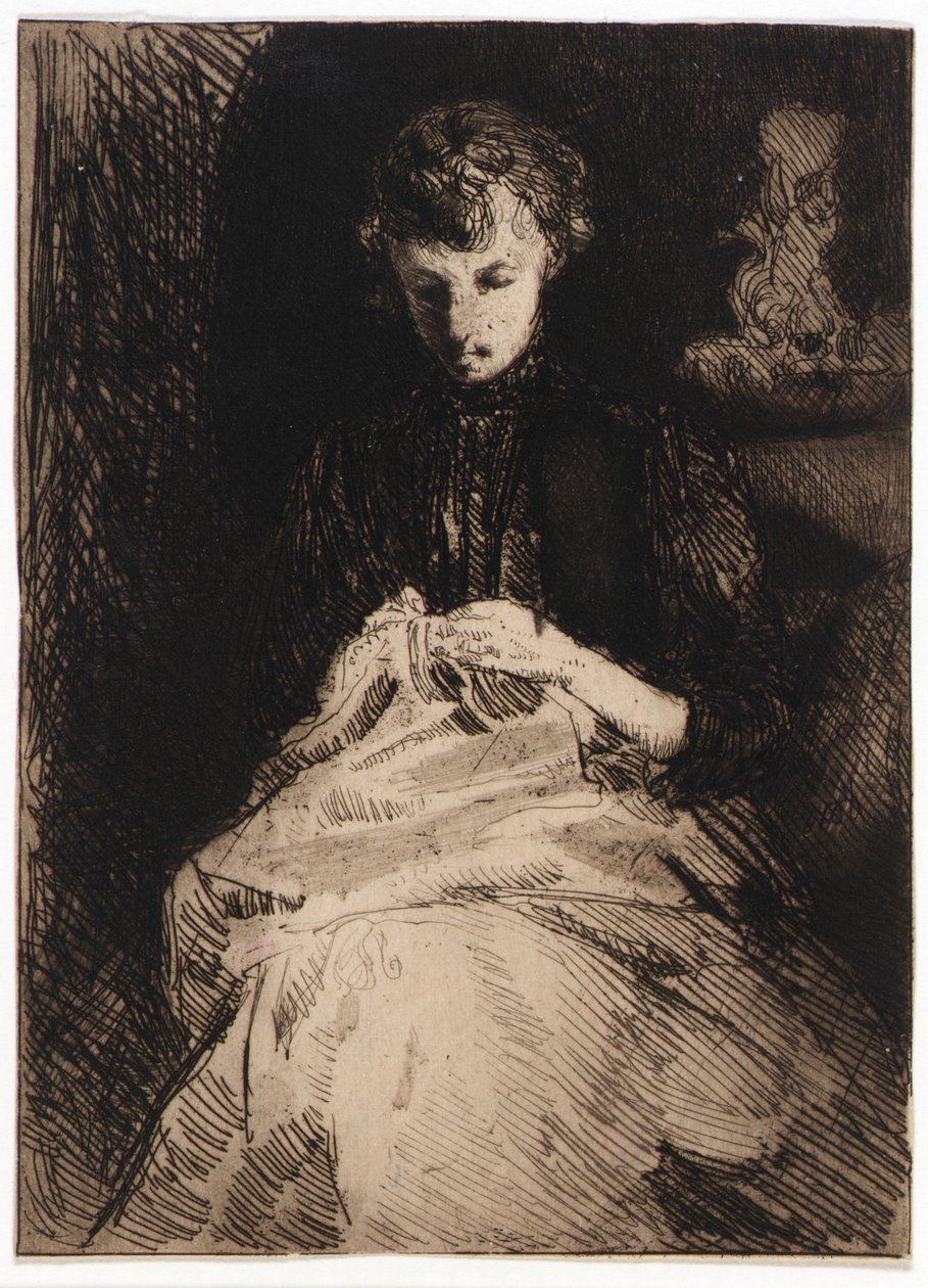 Mulher sentada a coser de J. Alden Weir