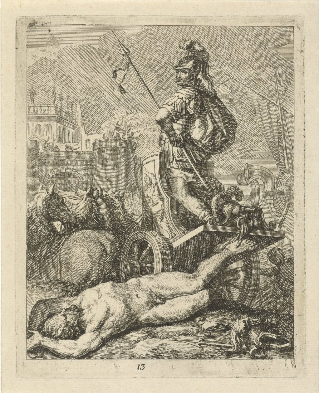 Aquiles com o cadáver de Heitor atrás de sua carruagem Cenas da Vida de Aquiles (título da série) Vitam et mortem achilli (título da série) de J. Alexander Janssens