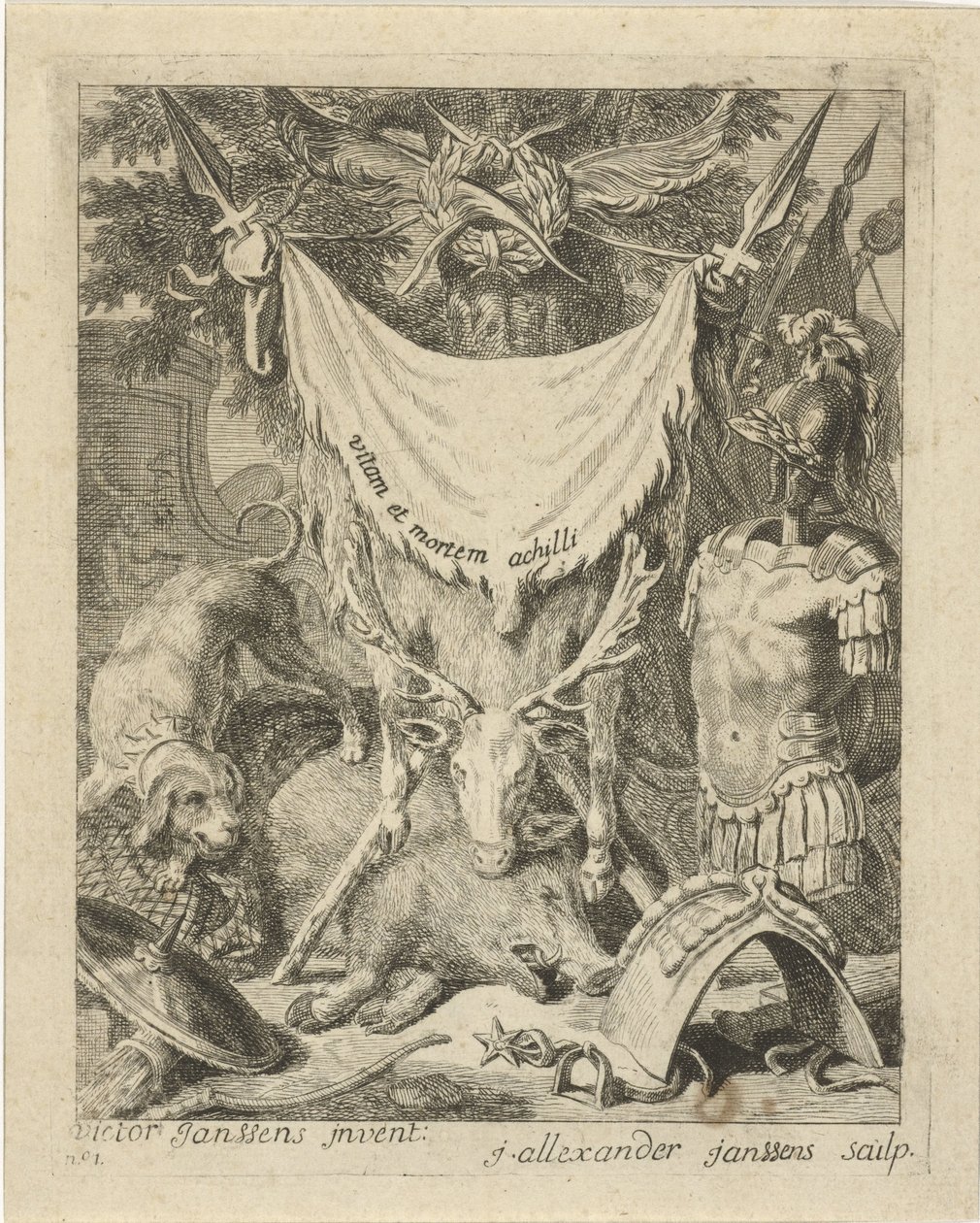 Impressão de título para uma série com cenas da vida de Aquiles
Cenas da vida de Aquiles (título da série)
Vitam et mortem Achilli (título da série sobre o objecto) de J. Alexander Janssens
