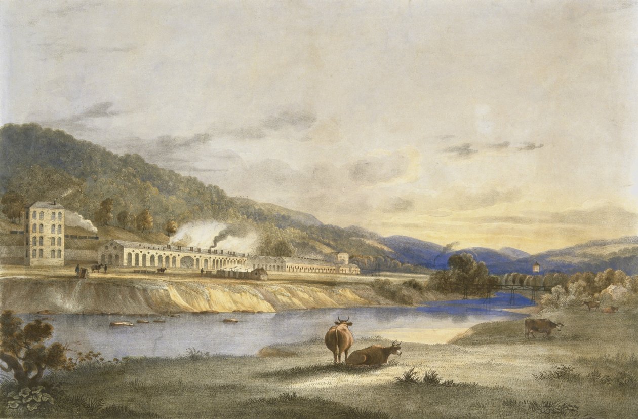 Trefforest Tin Works, Glamorganshire, c.1840 (litografia colorida à mão sobre papel) de J. Appleby
