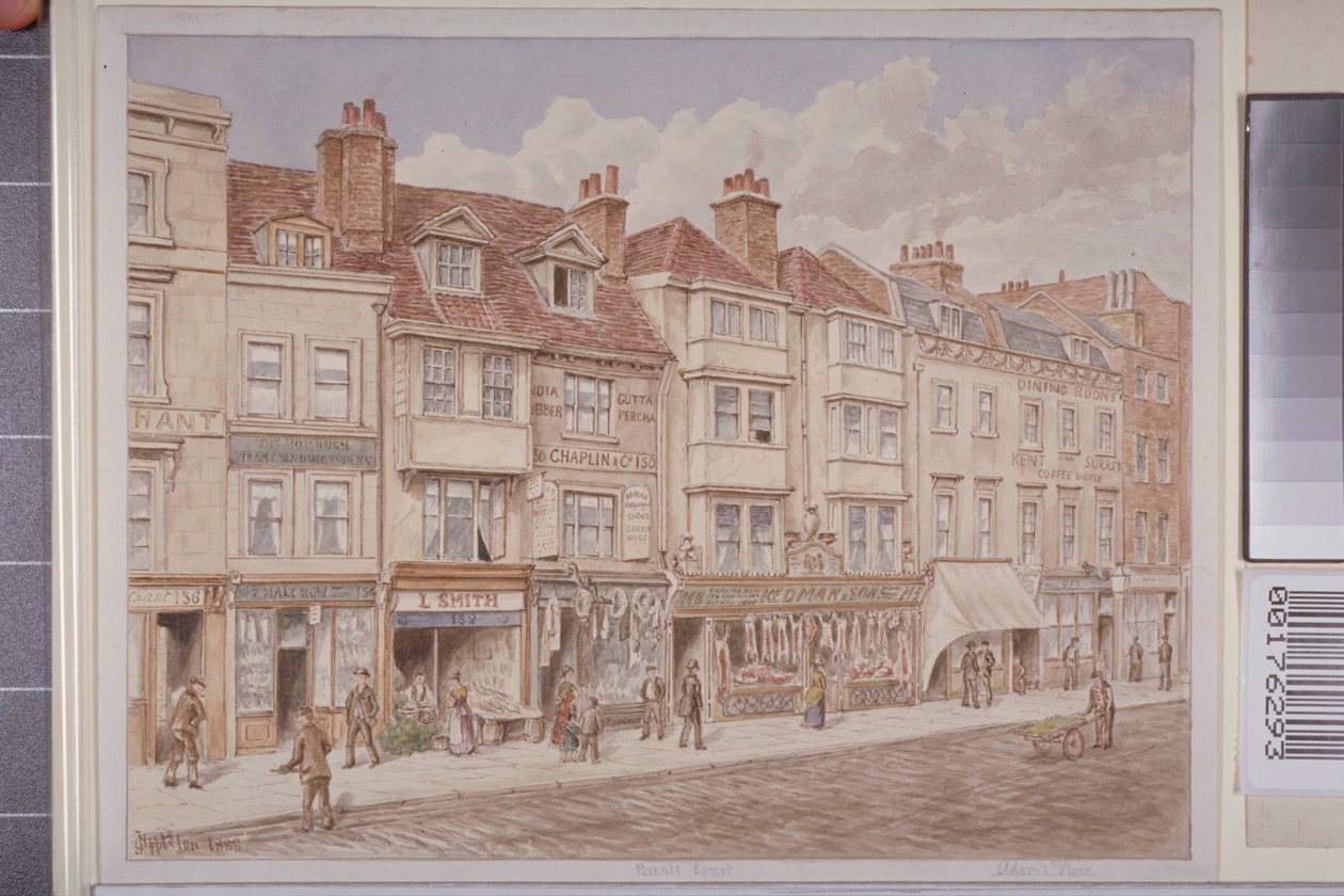 Vista dos nºs 140-156 no lado oeste da Borough High Street, 1888 de J. Appleton