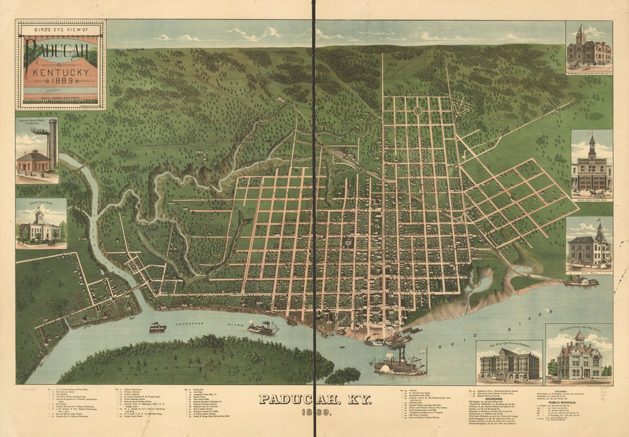 Vista aérea de Paducah, Kentucky 1889. de J. Blanton; Krebs Lithographing Company Postlethwaite