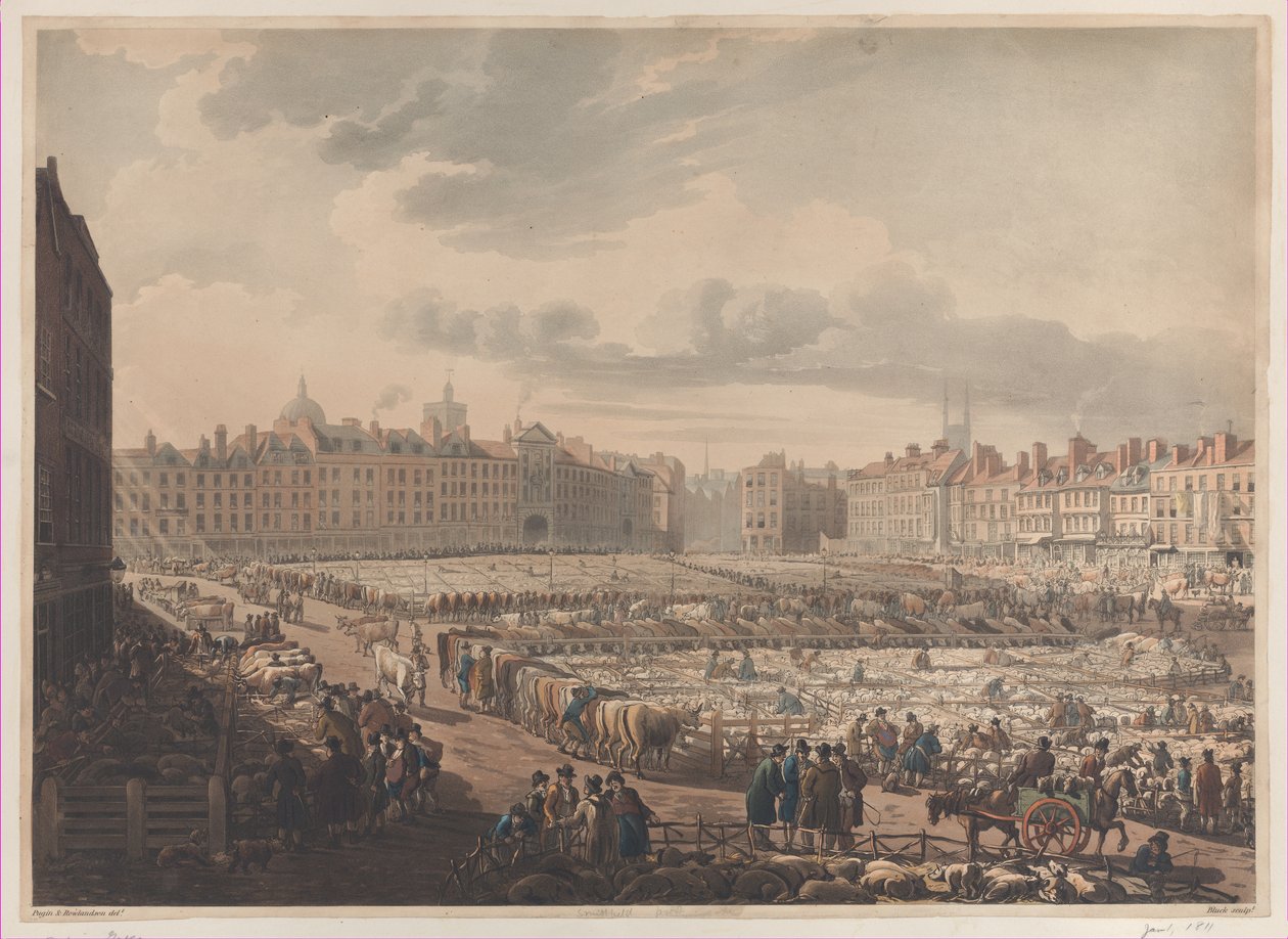 Uma visão panorâmica do mercado de Smithfield, tirada do Bear & Ragged Staff, janeiro..., 1º de janeiro de 1811. de J. Bluck